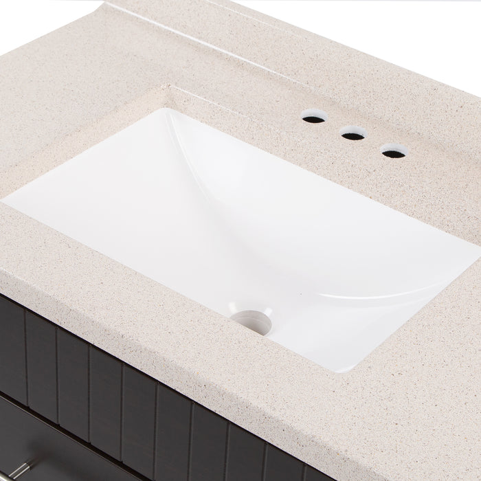 Warm-toned stone-look nonporous vanity top with white undermount sink 