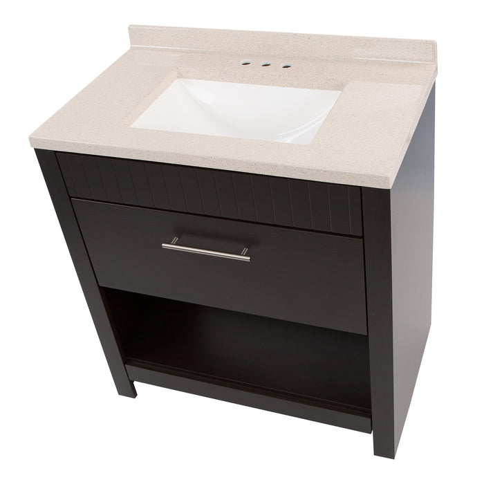 Top view of Brooksley 30.5" dark wood bathroom vanity  W one door woodgrain bathroom vanity with drawer, open bottom shelf, Maui vanity top, white sink