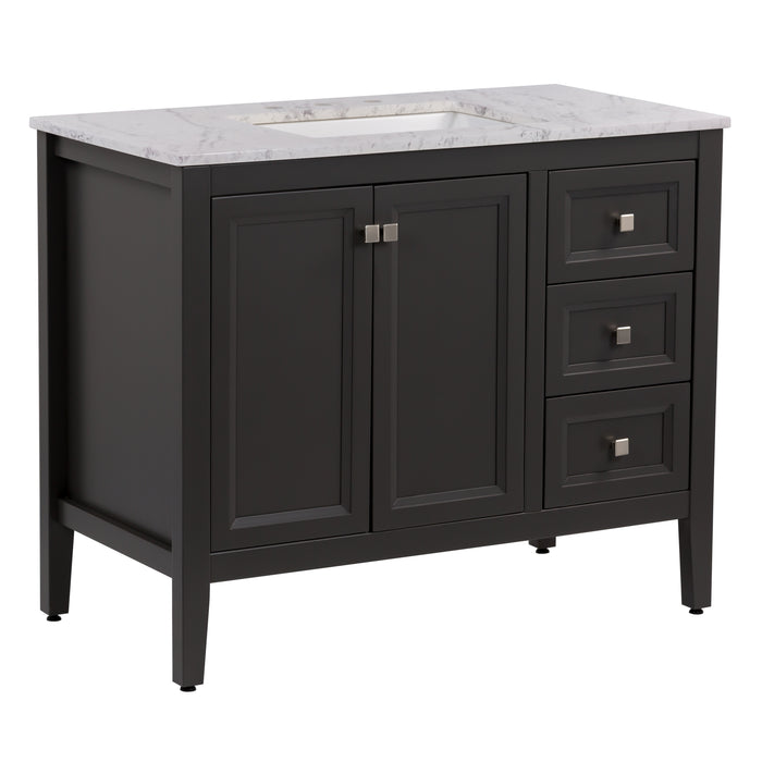 Angled view of Cartland 43-in gray bathroom vanity with 2-door cabinet, 3 drawers, garnite-look sink top