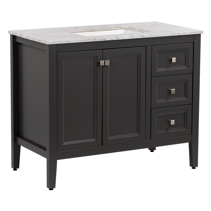 Angled view of Cartland 43-in gray bathroom vanity with 2-door cabinet, 3 drawers, garnite-look sink top