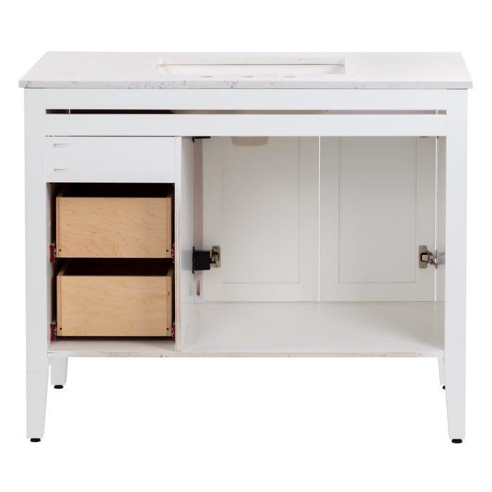 Open back on Cartland 43-in white bathroom vanity with 2-door cabinet, 3 drawers, garnite-look sink top