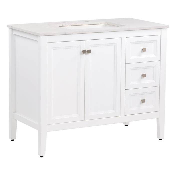 Angled view of Cartland 43-in white bathroom vanity with 2-door cabinet, 3 drawers, garnite-look sink top