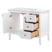 Open doors and drawers on Cartland 43-in white bathroom vanity with 2-door cabinet, 3 drawers, garnite-look sink top