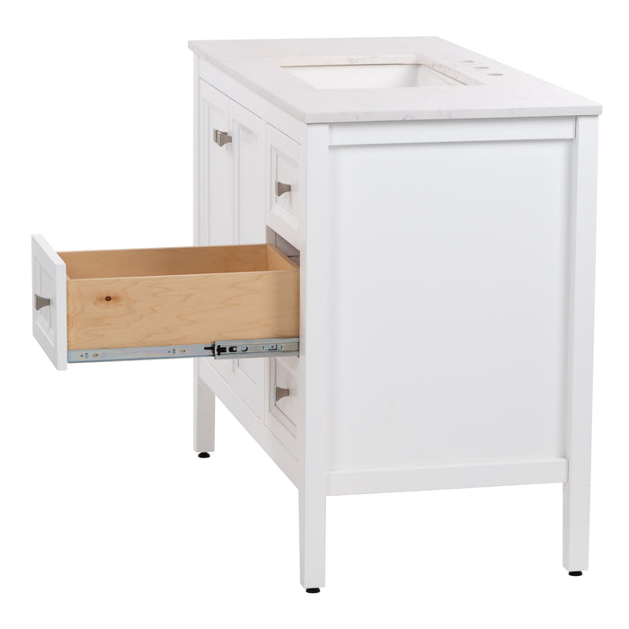 Right side of Cartland 43-in white bathroom vanity with 2-door cabinet, 3 drawers, garnite-look sink top