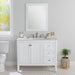 Cartland 43-in white bathroom vanity with 2-door cabinet, 3 drawers, garnite-look sink top installed in bathroom with faucet and mirror