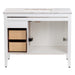 Open back of Cartland 43-in white bathroom vanity with 2-door cabinet, 3 drawers, garnite-look sink top