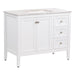 Angled view of Cartland 43-in white bathroom vanity with 2-door cabinet, 3 drawers, garnite-look sink top