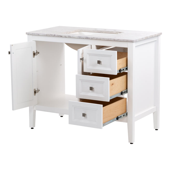 Open doors and drawers on Cartland 43-in white bathroom vanity with 2-door cabinet, 3 drawers, garnite-look sink top