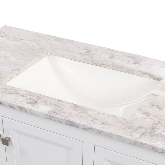 Predrilled granite-look sink top on Cartland 43-in gray bathroom vanity with 2-door cabinet, 3 drawers, garnite-look sink top