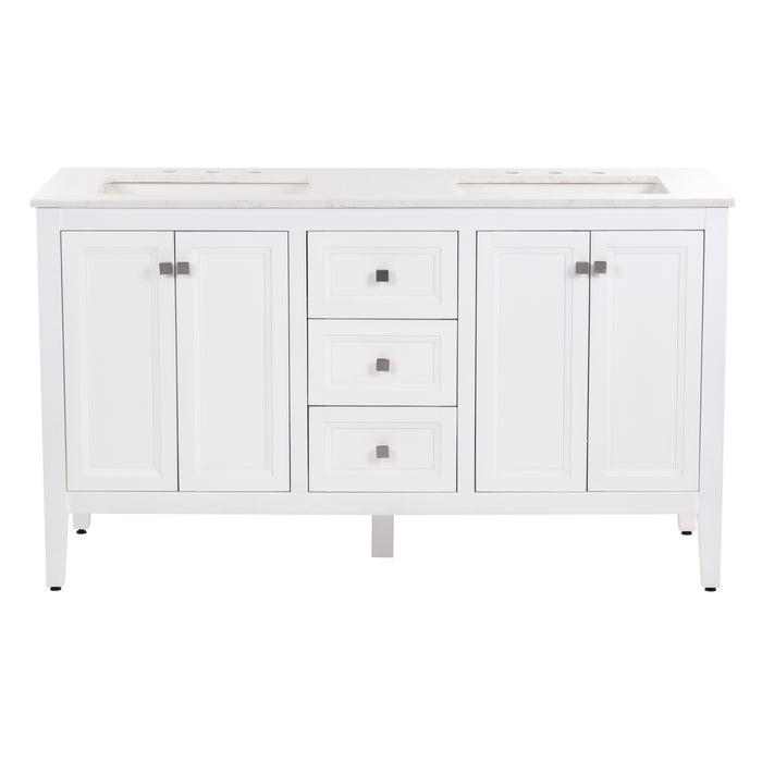 Cartland 61-in double-sink white bathroom vanity with two 2-door cabinets, 3 drawers, granite-look sink top