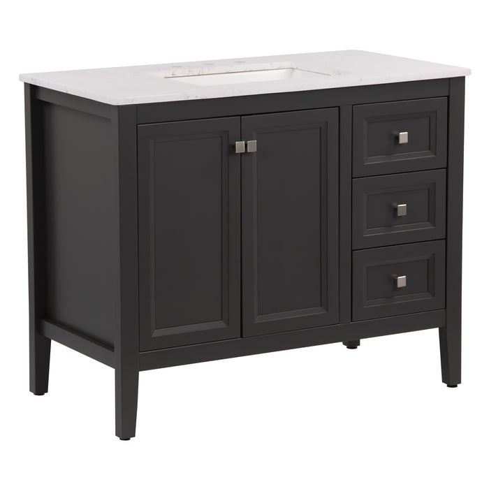 Angled view of Cartland 43-in gray bathroom vanity with 2-door cabinet, 3 drawers, garnite-look sink top