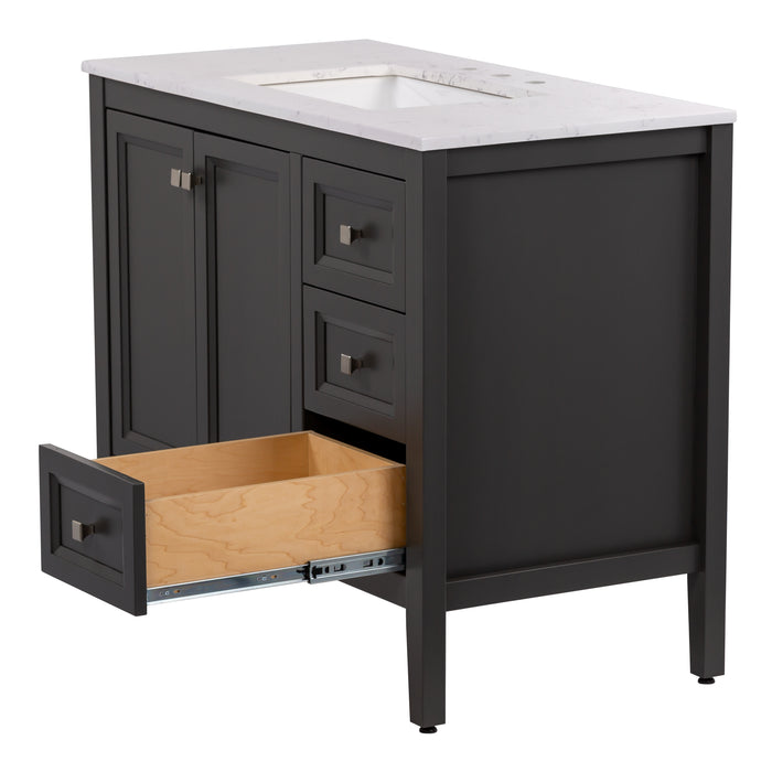 Right side of Cartland 43-in gray bathroom vanity with 2-door cabinet, 3 drawers, garnite-look sink top