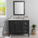 Cartland 43-in gray bathroom vanity with 2-door cabinet, 3 drawers, garnite-look sink top installed in bathroom with faucet and mirror