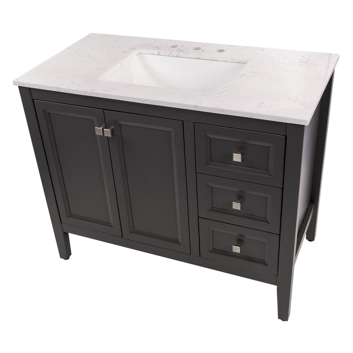 Top view of Cartland 43-in gray bathroom vanity with 2-door cabinet, 3 drawers, garnite-look sink top