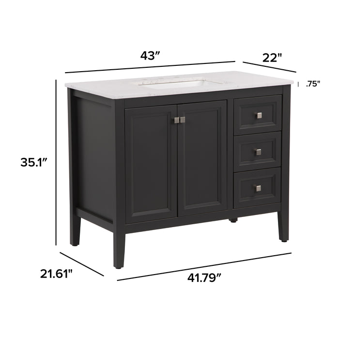 Measurements of Cartland 43-in gray bathroom vanity with 2-door cabinet, 3 drawers, garnite-look sink top: 43-in W x 22-in D x 35.1-in H