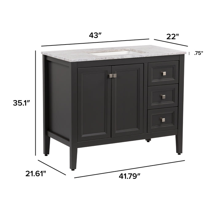 Measurements of Cartland 43-in gray bathroom vanity with 2-door cabinet, 3 drawers, garnite-look sink top: 43-in W x 22-in D x 35.1-in H
