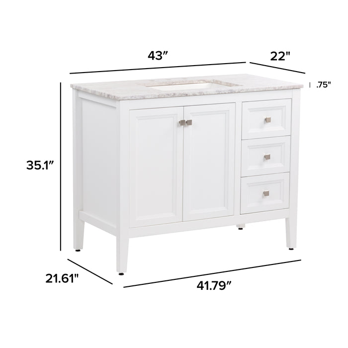 Measurements of Cartland 43-in gray bathroom vanity with 2-door cabinet, 3 drawers, garnite-look sink top: 43-in W x 22-in D x 35.1-in H