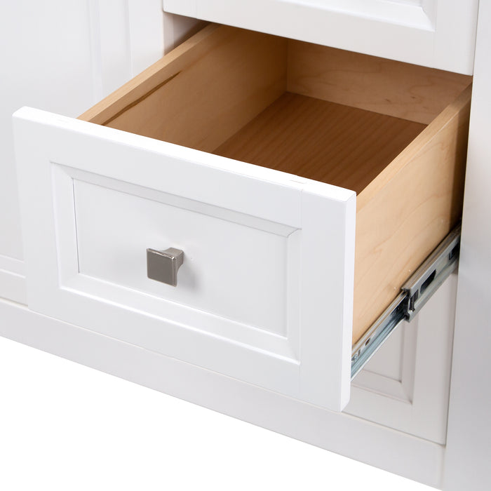 Open drawer on Cartland 43-in white bathroom vanity with 2-door cabinet, 3 drawers, garnite-look sink top