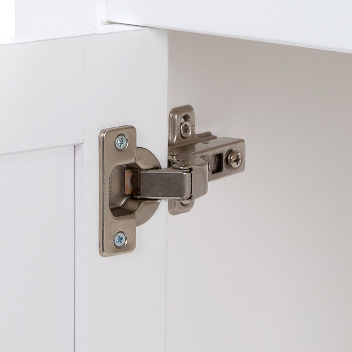 Adjustable hinge on Cartland 43-in white bathroom vanity with 2-door cabinet, 3 drawers, garnite-look sink top