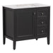 Angled view of Cartland 37 in gray bathroom vanity with cabinet, 3 drawers, sink top