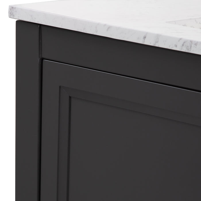 Edge closeup of Cartland 37 in gray bathroom vanity with cabinet, 3 drawers, sink top