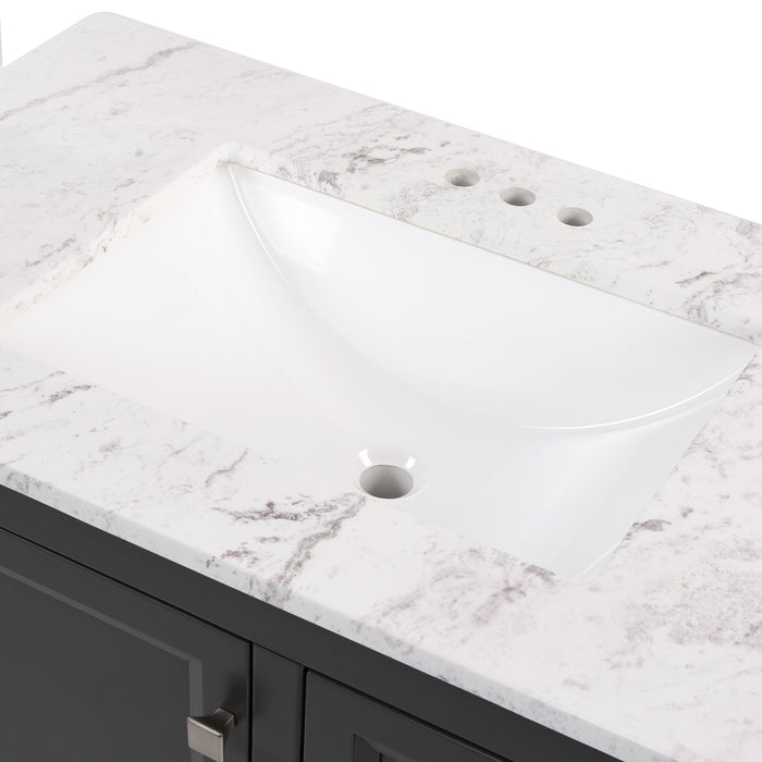Predrilled granite-look sink top on Cartland 37 in gray bathroom vanity with cabinet, 3 drawers, sink top