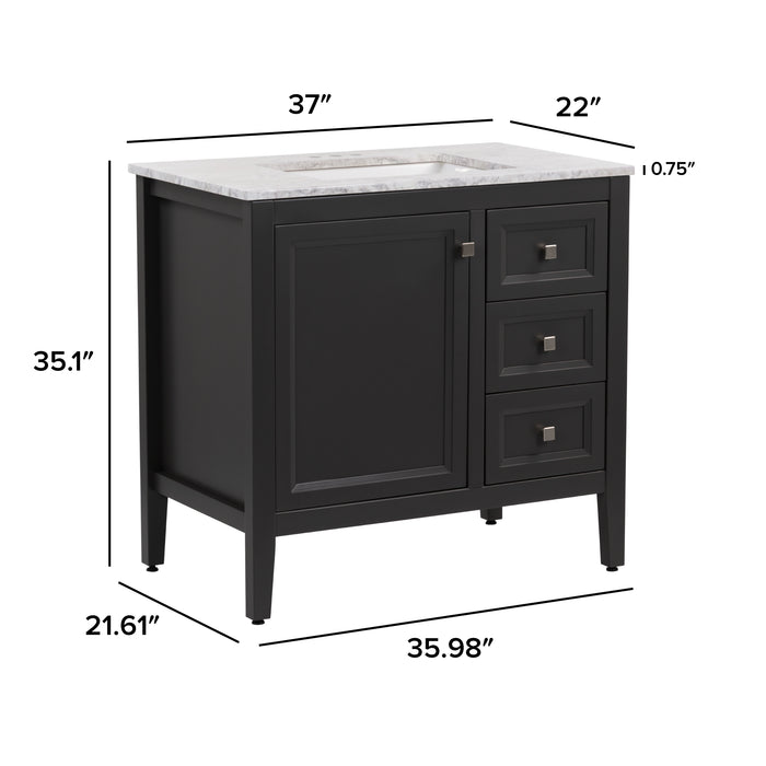 Measurements of Cartland 37 in gray bathroom vanity with cabinet, 3 drawers, sink top: 37-in W x 22-in D x 35.1-in H