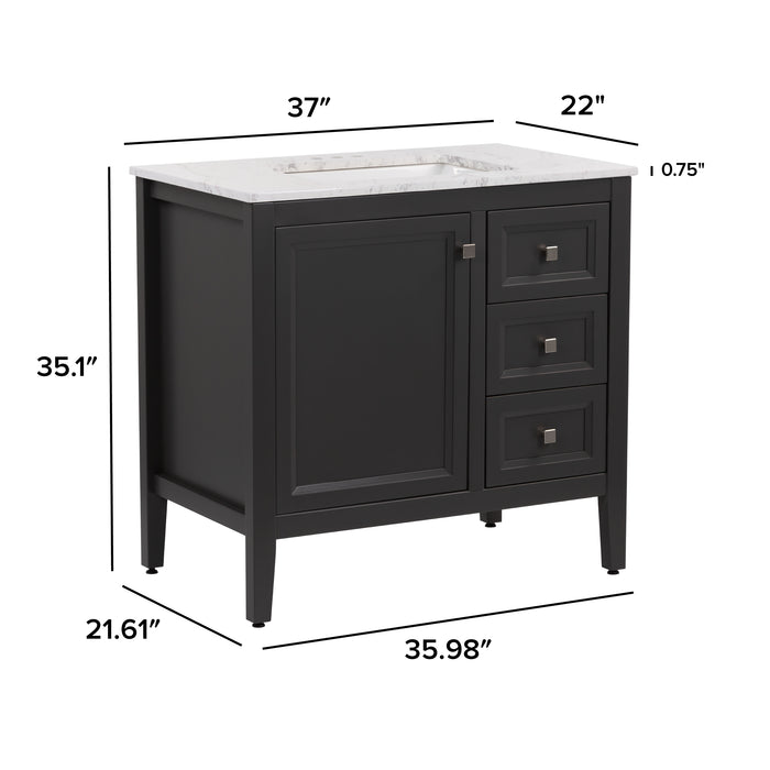 Measurements of Cartland 37 in gray bathroom vanity with cabinet, 3 drawers, sink top: 37in W x 22-in D x 35.1-in H