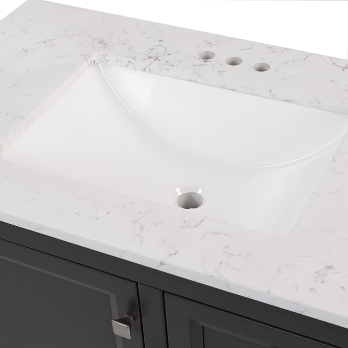 Predrilled granite-look sink top of Cartland 37 in gray bathroom vanity with cabinet, 3 drawers, sink top