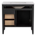 Open back on Cartland 37 in gray bathroom vanity with cabinet, 3 drawers, sink top