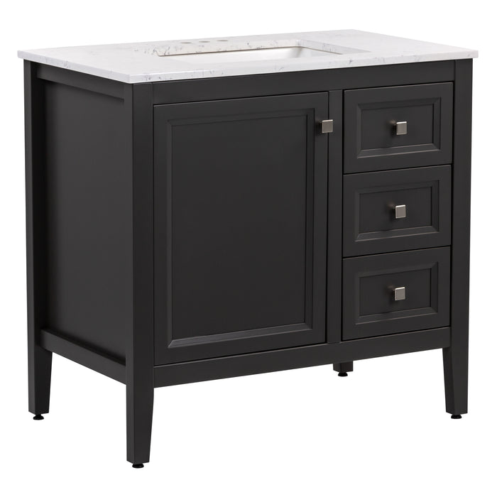 Side view of Cartland 37 in gray bathroom vanity with cabinet, 3 drawers, sink top