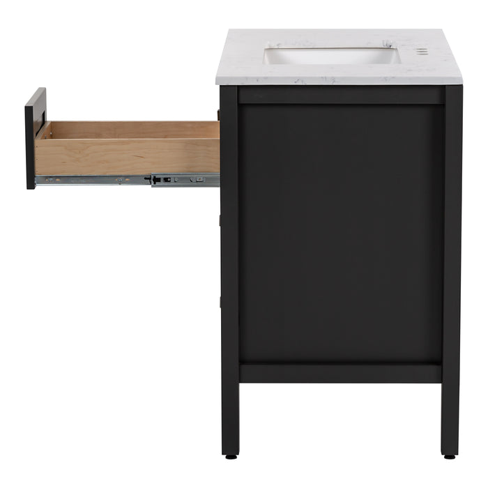 Right side of Cartland 37 in gray bathroom vanity with cabinet, 3 drawers, sink top