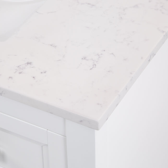 Closeup of granite-look countertop of Cartland 37 in white bathroom vanity with cabinet, 3 drawers, sink top