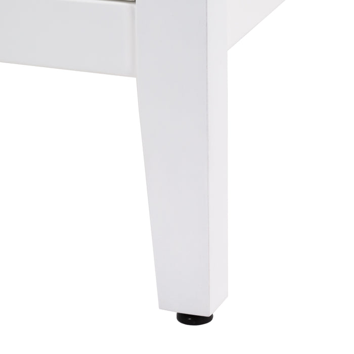 Leg with leveling foot on Cartland 37 in white bathroom vanity with cabinet, 3 drawers, sink top