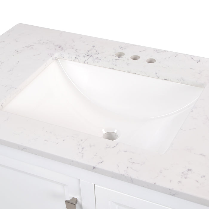 Predrilled sink top of Cartland 37 in white bathroom vanity with cabinet, 3 drawers, sink top