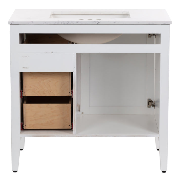 Open back of Cartland 37 in white bathroom vanity with cabinet, 3 drawers, sink top