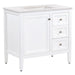 Angled view of Cartland 37 in white bathroom vanity with cabinet, 3 drawers, sink top
