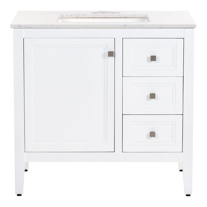 Cartland 37 in white bathroom vanity with cabinet, 3 drawers, granite-look sink top
