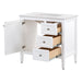 Open door and drawers on Cartland 37 in white bathroom vanity with cabinet, 3 drawers, sink top