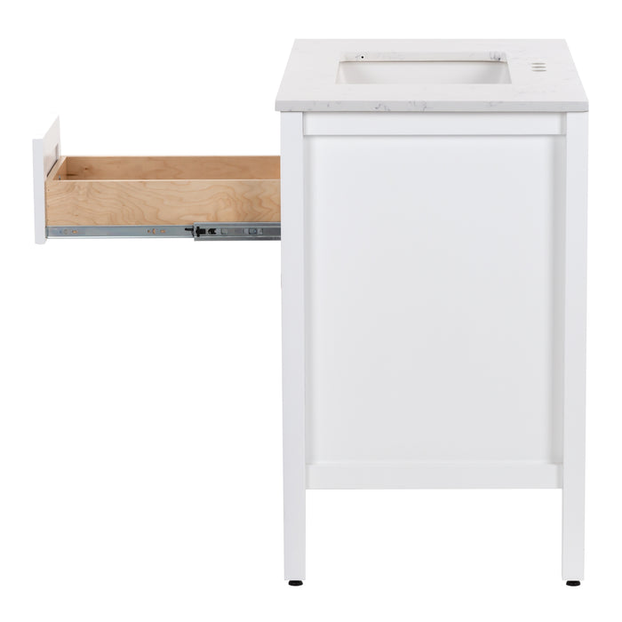 Right side of Cartland 37 in white bathroom vanity with cabinet, 3 drawers, sink top