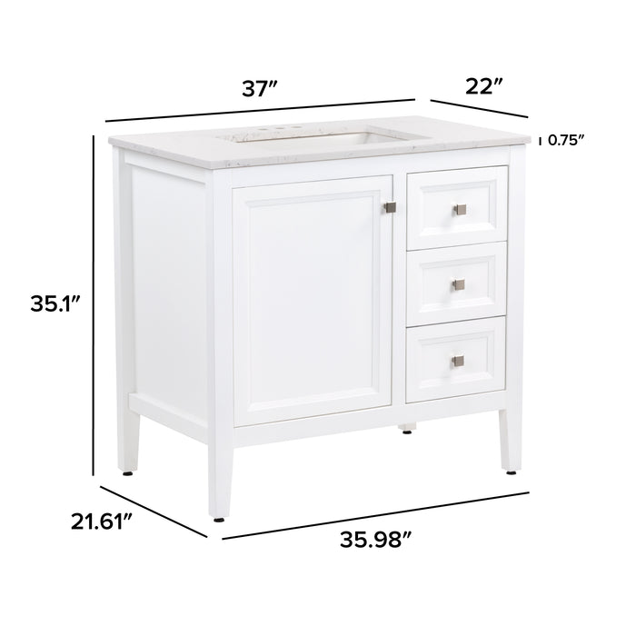 Measurements of Cartland 37 in white bathroom vanity with cabinet, 3 drawers, sink top: 37-in W x 22-in D x 35.1-in H