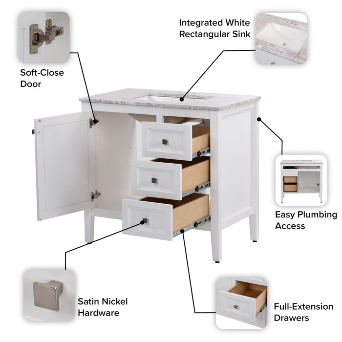 Features of Cartland 37 in white bathroom vanity with cabinet, 3 drawers, sink top