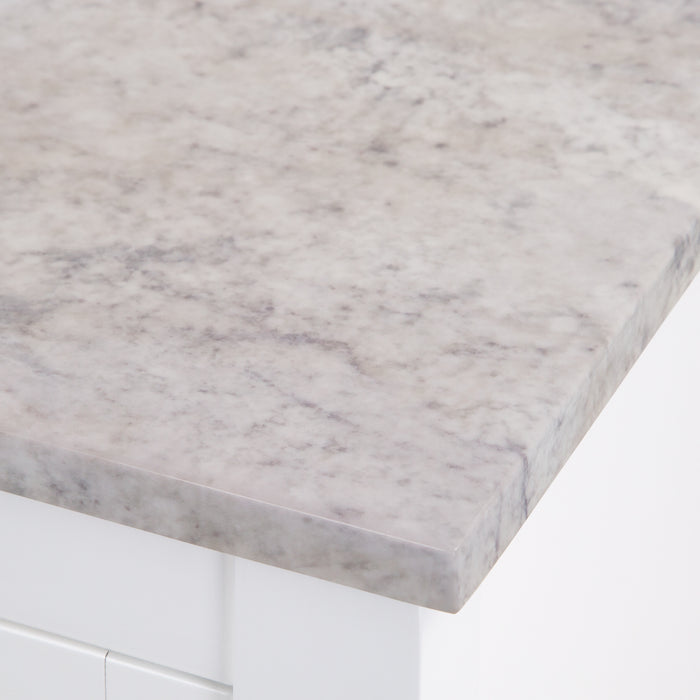Closeup of granite-look countertop on Cartland 37 in white bathroom vanity with cabinet, 3 drawers, sink top