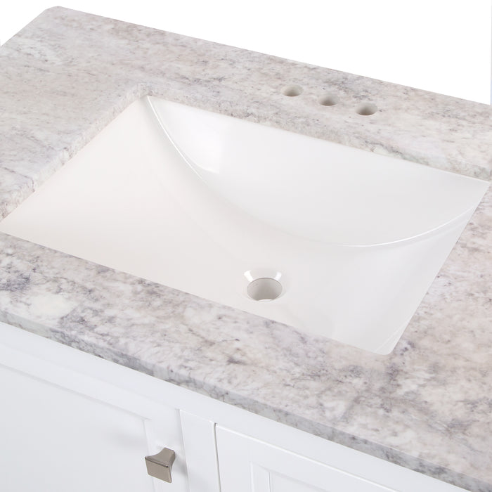 Predrilled garnite-look sink top on Cartland 37 in white bathroom vanity with cabinet, 3 drawers, sink top