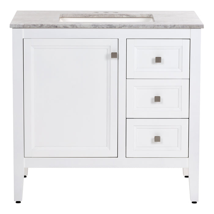 Cartland 37 in white bathroom vanity with cabinet, 3 drawers, granite-look cultured marble sink top