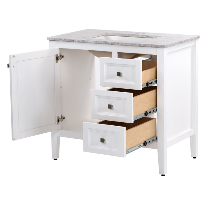 Open door and drawers on Cartland 37 in white bathroom vanity with cabinet, 3 drawers, sink top