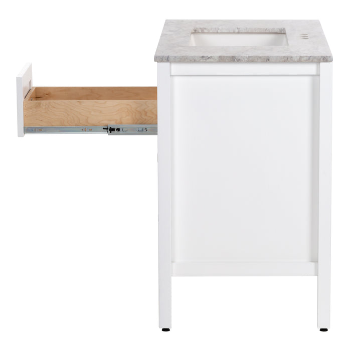 Right side of Cartland 37 in white bathroom vanity with cabinet, 3 drawers, sink top