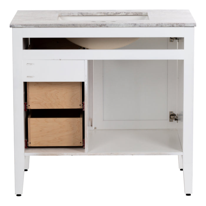 Open back on Cartland 37 in white bathroom vanity with cabinet, 3 drawers, sink top