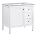 Angled view of Cartland 37 in white bathroom vanity with cabinet, 3 drawers, sink top