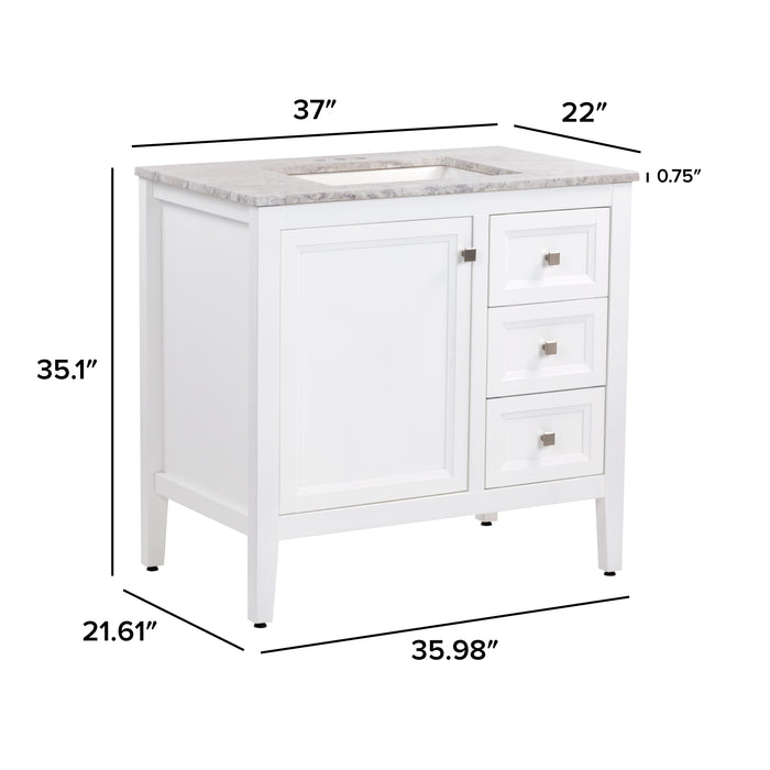 Measurements of Cartland 37 in white bathroom vanity with cabinet, 3 drawers, sink top: 37-in W x 22-in D x 35.1-in H